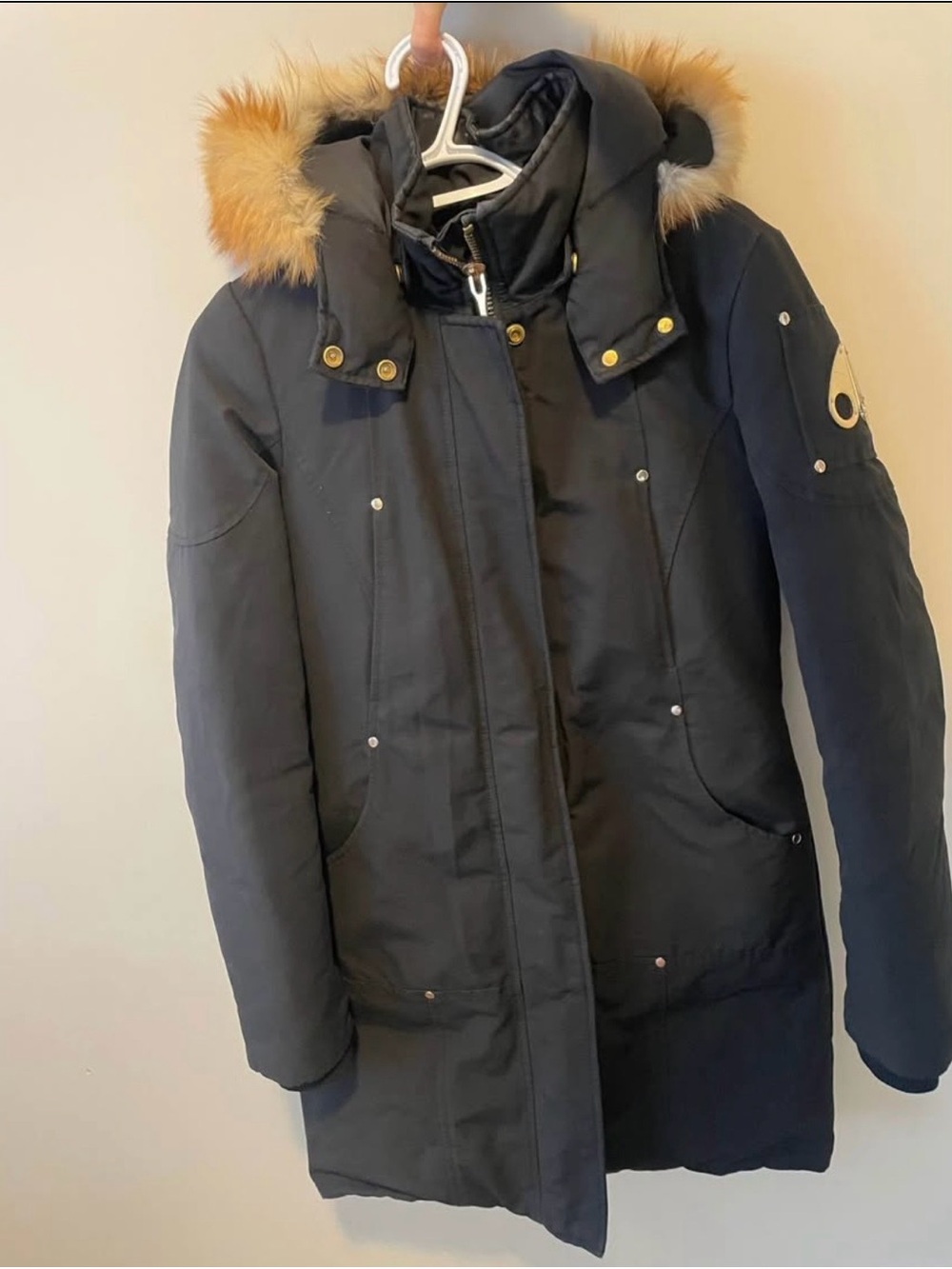 Moose Knuckles Black Parka with Tan Faux-Fur Trim
